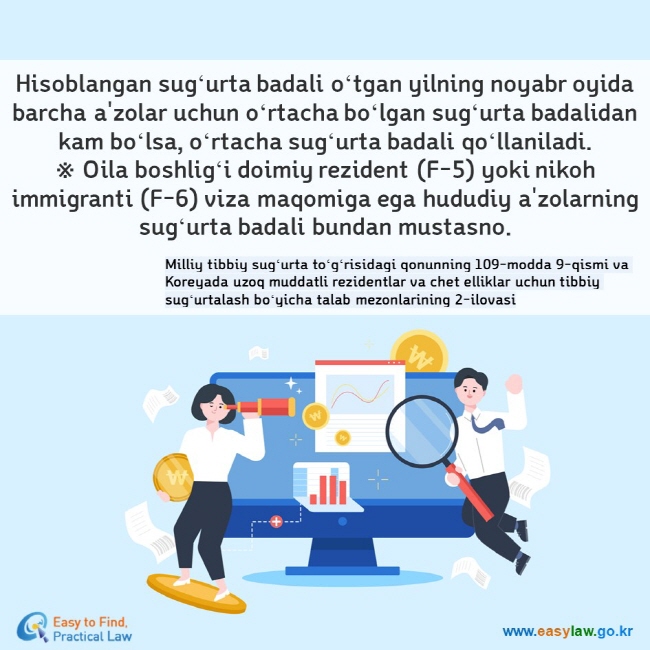 Hisoblangan sugʻurta badali oʻtgan yilning noyabr oyida barcha a'zolar uchun oʻrtacha boʻlgan sugʻurta badalidan kam boʻlsa, oʻrtacha sugʻurta badali qoʻllaniladi.  ※ Oila boshligʻi doimiy rezident (F-5) yoki nikoh immigranti (F-6) viza maqomiga ega hududiy a'zolarning sugʻurta badali bundan mustasno. Milliy tibbiy sugʻurta toʻgʻrisidagi qonunning 109-modda 9-qismi va Koreyada uzoq muddatli rezidentlar va chet elliklar uchun tibbiy sugʻurtalash boʻyicha talab mezonlarining 2-ilovasi